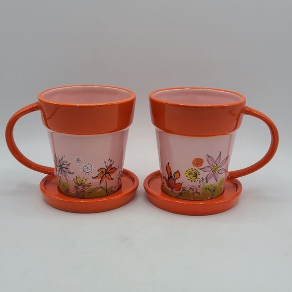 Starbucks Other - Starbucks 2006 Orange Spring Flower Planter Mugs and Saucers Set of 2